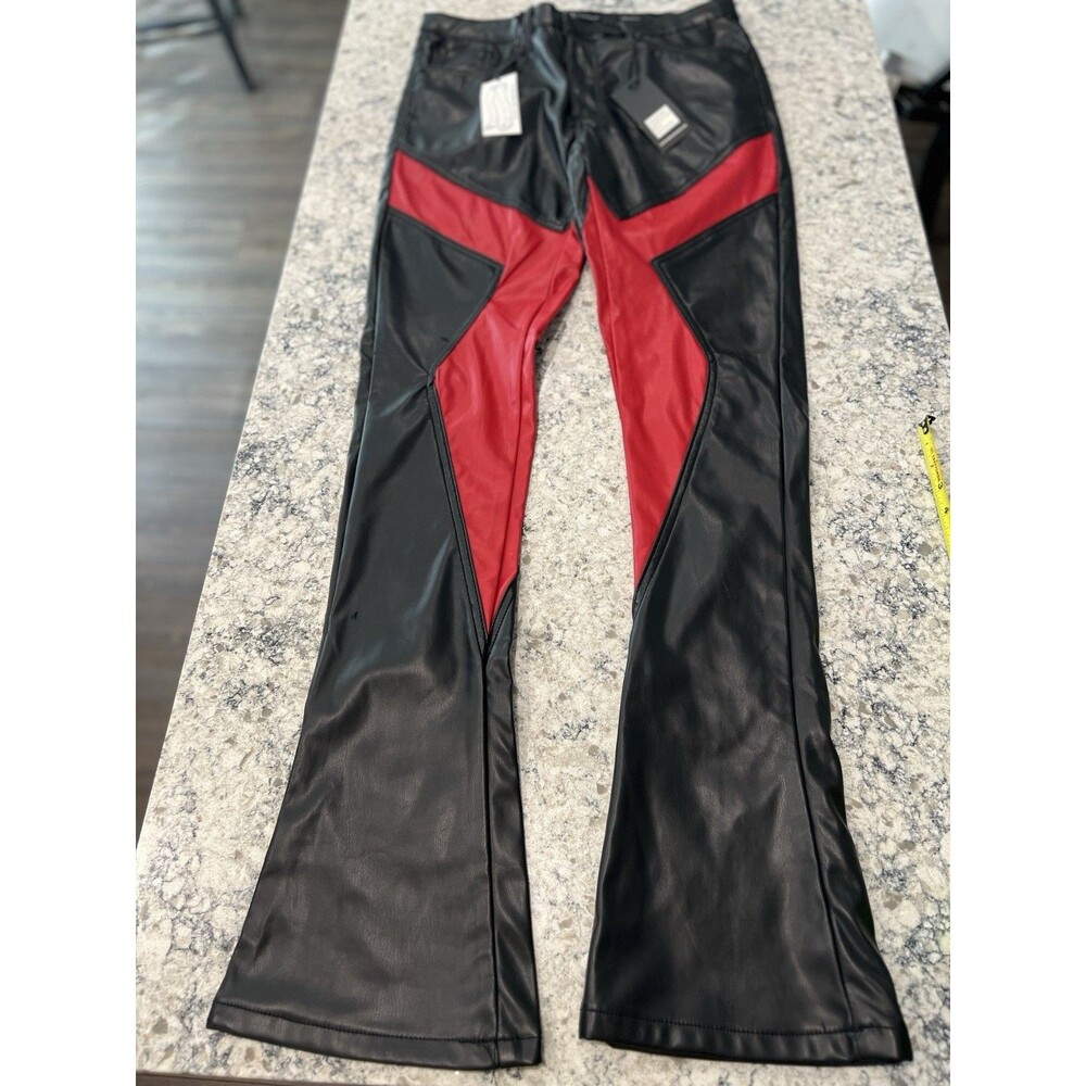 WAIMEA MEN'S PU COLOR BLOCK RED AND BLACK STACKED PANTS SIZE 34